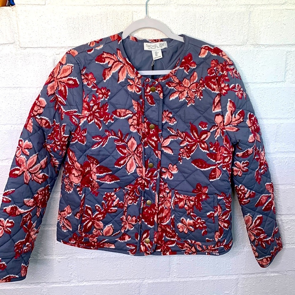 Rachel Zoe Quilted Blue Cotton Snap Button Jacket size Large